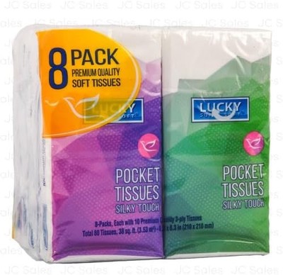 LUCKY Super Soft Pocket Facial Tissues, Silky Touch, Travel Soft Tissues, 8 Pack