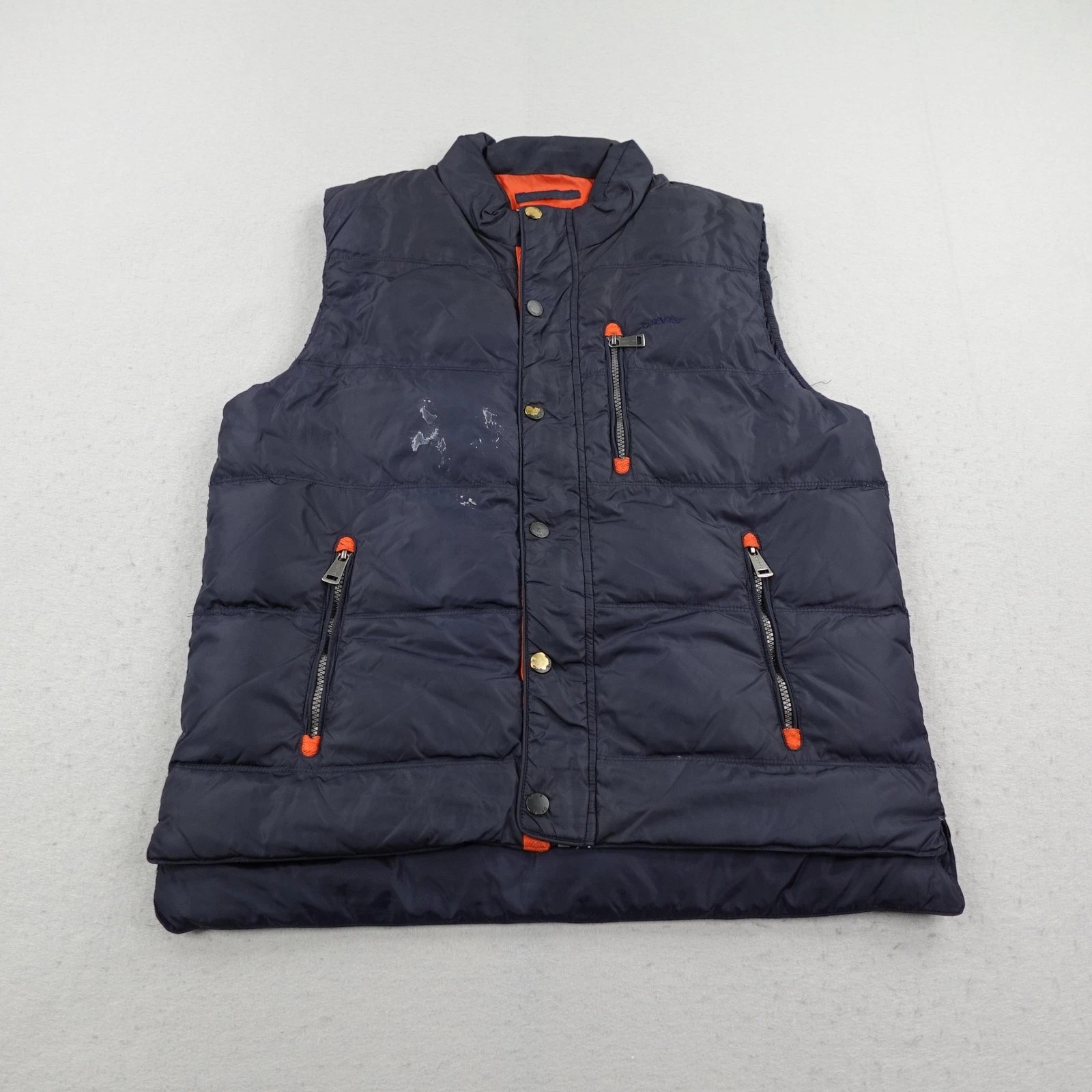 Orvis Vest Mens Medium Blue Duck Down Essex Puffer Quilted Zip Snap Insulated