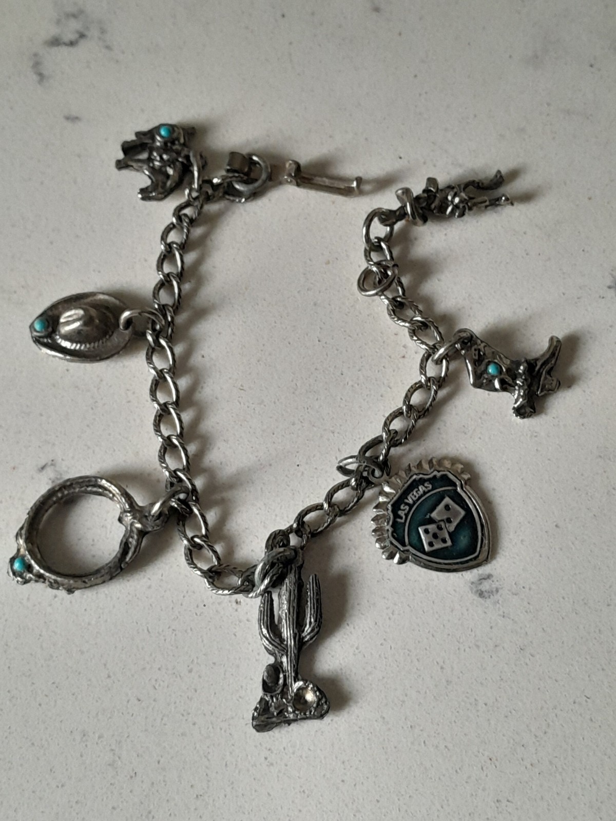 VTG Las Vegas Rodeo Charm Bracelet Silver Tone With Turquoise Stones Jewelry 7
