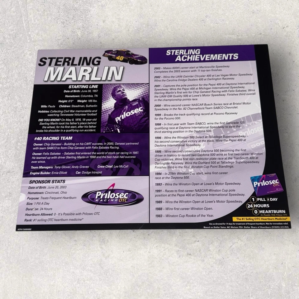斯特林·马林 2003 年老式纳斯卡温斯顿杯签名照片 PRILOSEC 道奇 #40 — 第 2/2 张图片