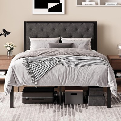 Queen Size Metal Bed Frame and Linen Tufted Headboard, Dark Gray | Modern Design