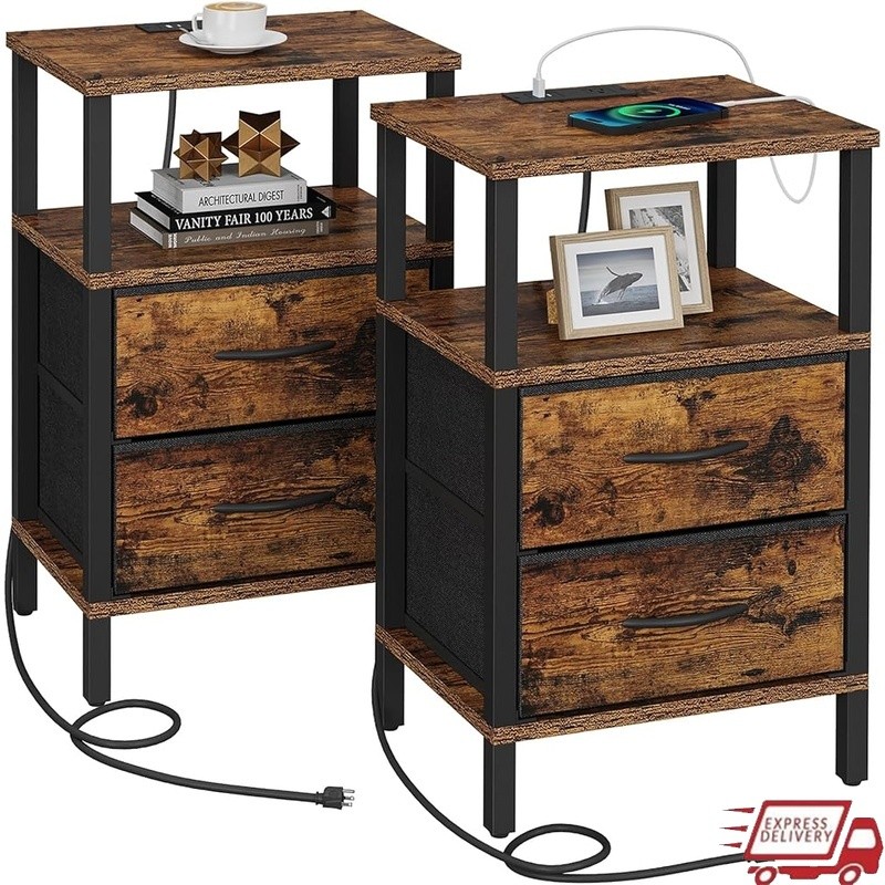 End Table W/ Charging Station USB Ports AC Outlets Fabric Drawers Set of 2