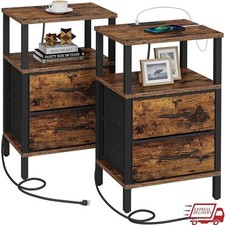 End Table W/ Charging Station USB Ports AC Outlets Fabric Drawers Set of 2