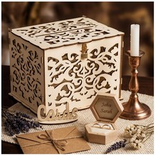 ZENFUN Wooden Wedding Card Box with Lock and Card Sign, Large Rustic Wood Hollow