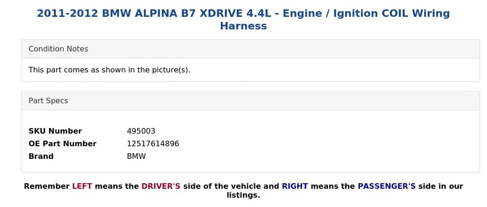 BMW ALPINA B7 XDRIVE 2011-2012 4,4 L - Arnés de cableado de bobina de encendido/motor Foto 3 de 4