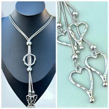 Silver Tone Heart Tassel Necklace Dangle Y-Drop Lariat Style Statement Hearts