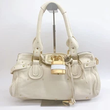Auth Chloe Paddington White Leather Tote Bag Shoulder Bag Y2K Style Padlock GOOD