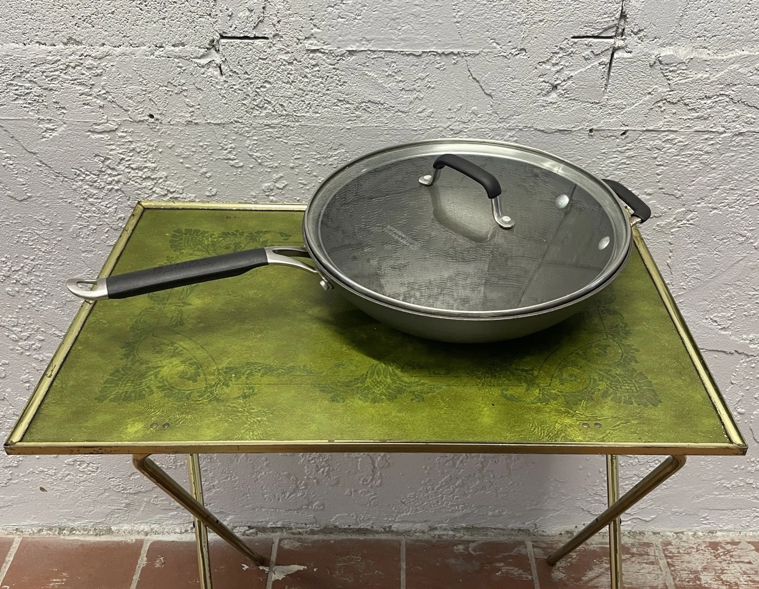 Calphalon Stainless Steel 12” Wok 155 Flat Bottom Cooking Pan 2 Handle Lid Nice!