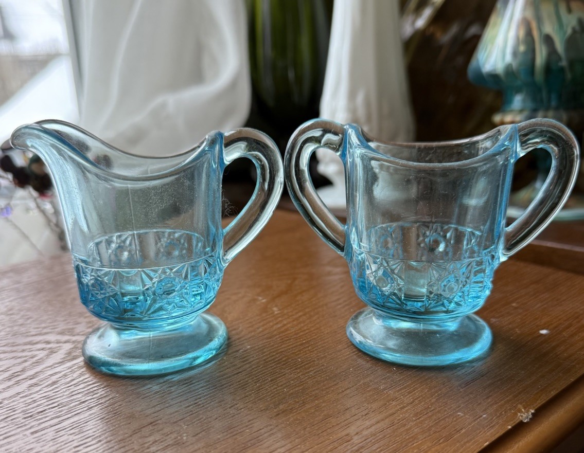 Vintage LG Wright Blue Glass Daisy & Cube  Individual Creamer & Sugar Set