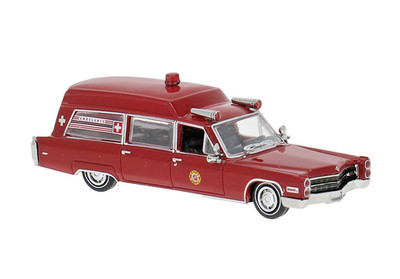 Brekina 19775 Cadillac Miller Meteor Ambulance, 1966, dunkelrot, H0, Neu 2025