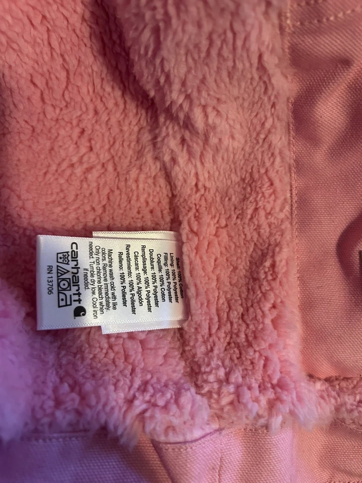 Carhartt Jacket Girls Small 7-8 Pink Hooded Sherpa Lined Canvas Workwear Coat - Image 3 of 4