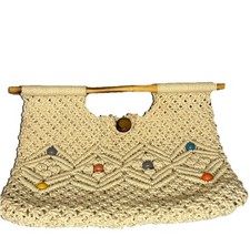 MCI Vintage Macrame Ivory Purse W/Wood Handles Button Closure Boho 70s Style