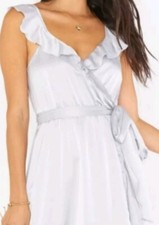 Show Me Your Mumu Samantha Ruffle Wrap Dress Silver Luxe Satin Size M ~ NWT
