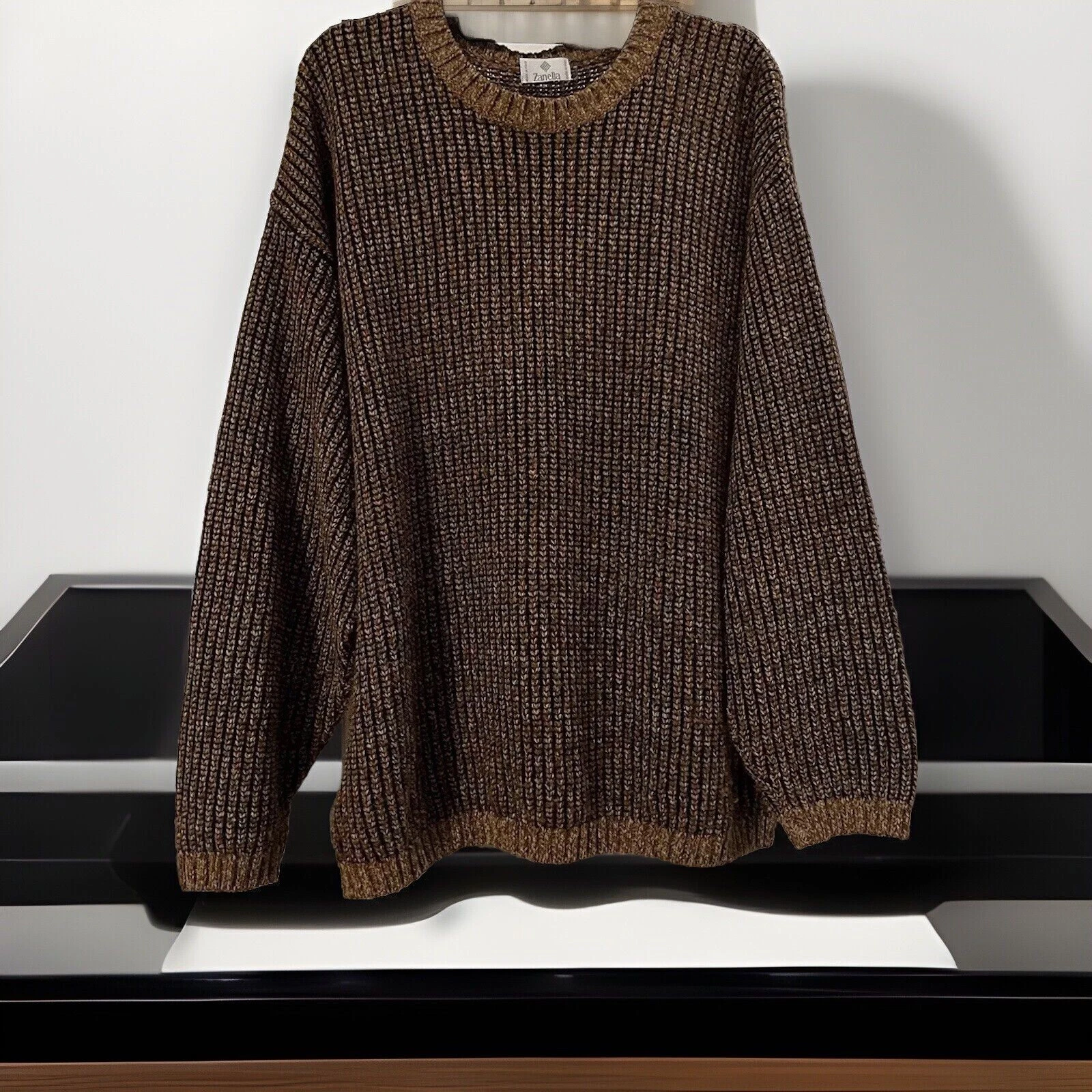 Zanella Sweater Men Brown Virgin Wool L/S Made n Italy Rnd Neck See Measurements