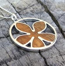 Hawaiian Koa Wood Jewelry Plumeria Flower Rhodium Plated Brass Pendant BRP1037