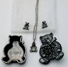 Signed Torino Vintage New Pewter Pin Necklace Earrings Teddy Bear Box Set