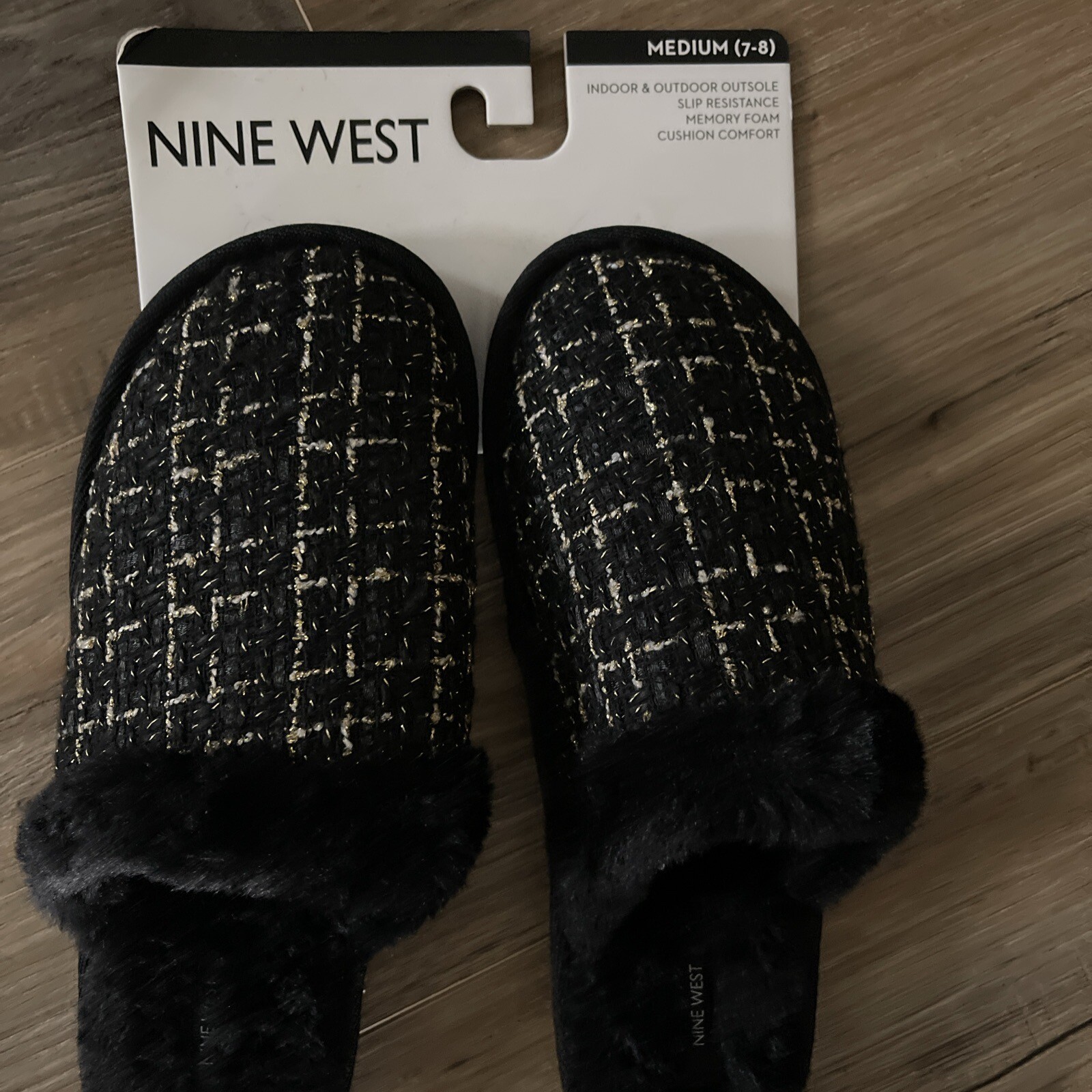 PANTOFOLA D’ORO Nine West Ciabatte Donna Fuzzy Nero e Oro Taglia 7 Medium Memory Foam