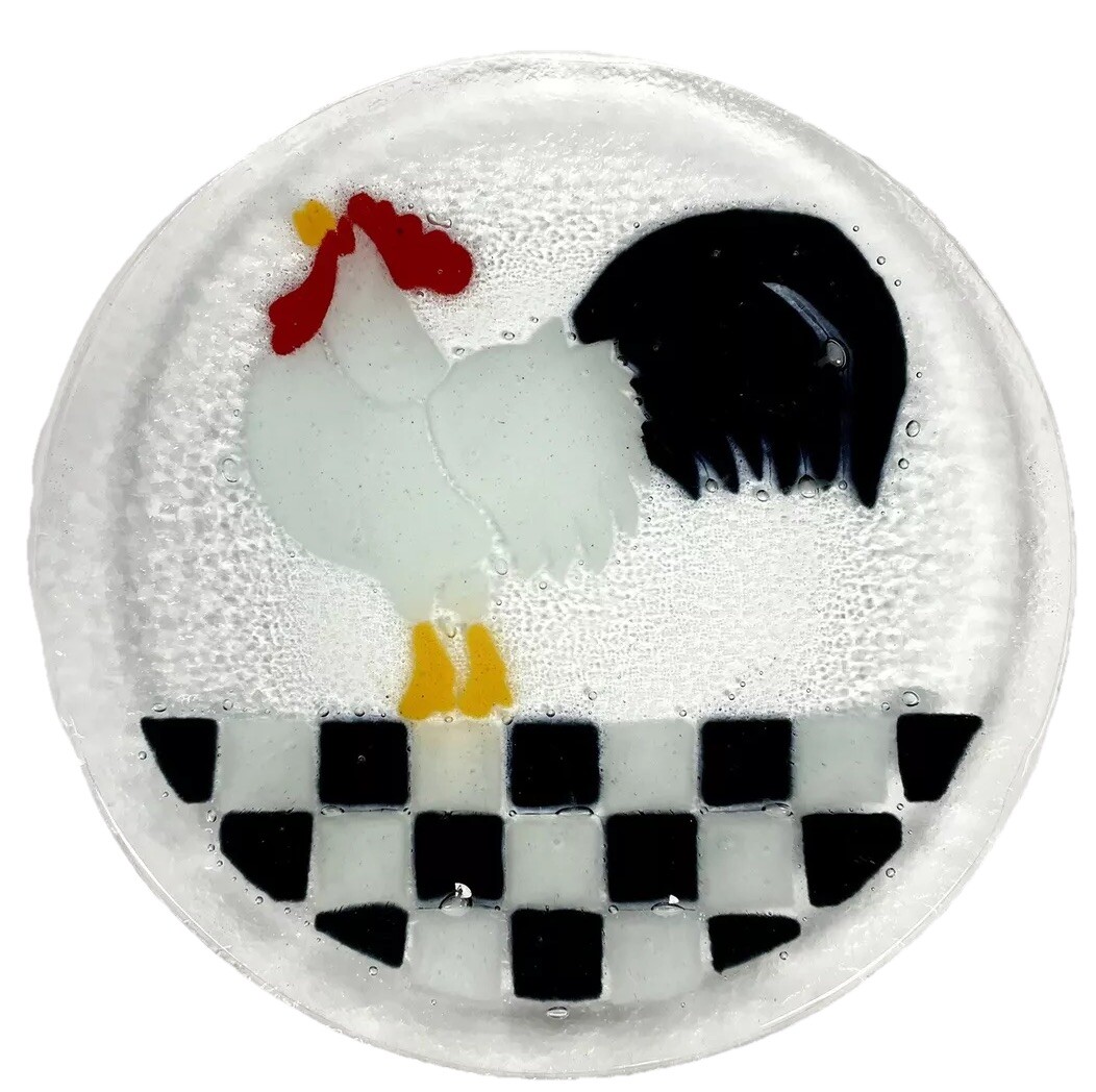 Peggy Karr Signed Fused Art Glass Rooster Checkered  7.75” Plate Mackenzie Style