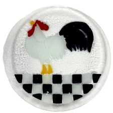 Peggy Karr Signed Fused Art Glass Rooster Checkered  7.75” Plate Mackenzie Style