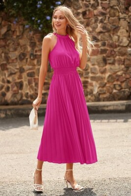 Stunning Women's Long Sleeveless Halter Neck Flowy Pleated Maxi Dress SMALL  Pink
