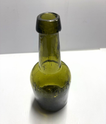 Antique Olive Green Glass Liquor Bottle Long Neck Blob Top Patent Embossing