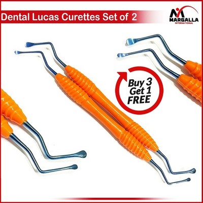 Dental Lucas Curettes Set of 2 Surgical Bone Curettes Serrated Blue Coated Tips