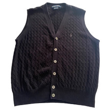 VTG Polo Golf Ralph Lauren Black Cable Knit Sweater Vest L 100 Cotton Hong Kong