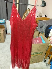Woman's twenties red flapper costume with accessories