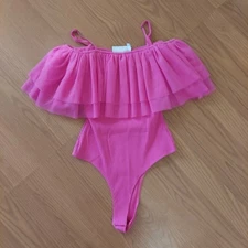 Willow + Root Pink Ribbed Bodysuit With Tulle Ruffle Neckline Sz XS
