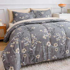 7-Piece Grey Queen Comforter Set with Floral Print  Soft Sheets