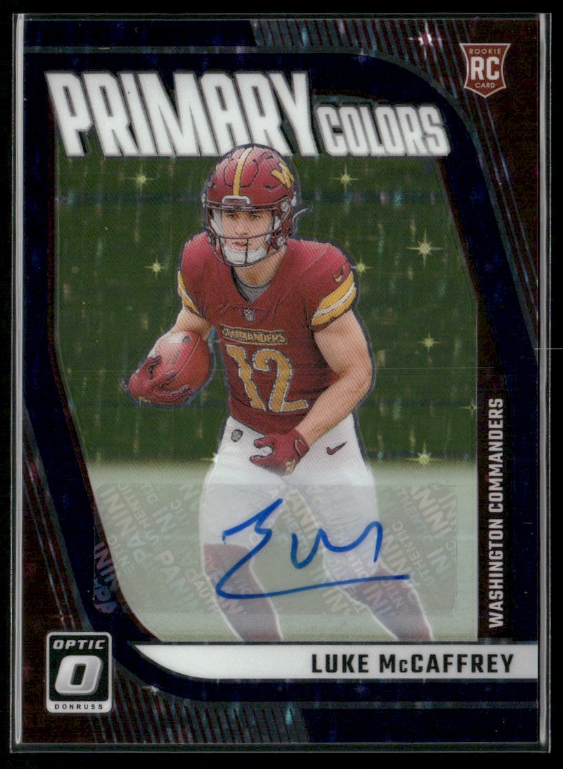 Luke McCaffrey Panini Donruss Optic Rookie Primary Colors #15 Autograph Purple Star