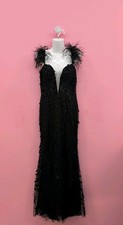 Mac Duggal Sweetheart Feather Cap Sleeve Women's Long Formal Dress Size 6 Black