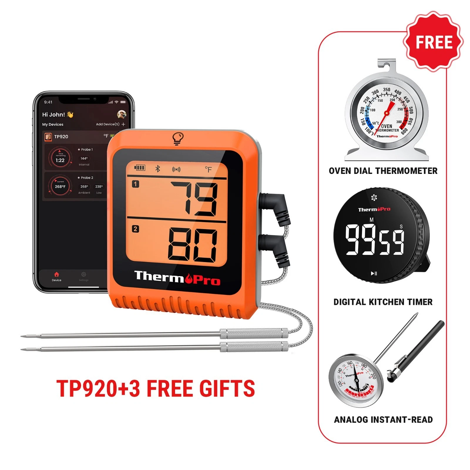 ThermoPro TP920 Bluetooth Wireless Meat Thermometer 4-Piece BBQ Cooking Set
Opens in a new window or