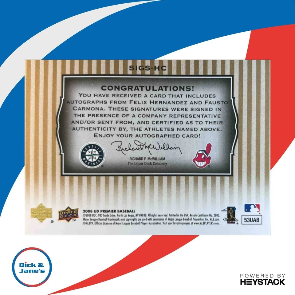 2008 Upper Deck Premier Felix Hernández Fausto Carmona Stars automático/20 Yankees Foto 2 de 4