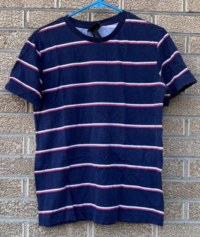 H&M Mens Striped T Shirt Small S Navy Blue Red White Crew Neck Short Sleeve