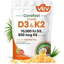 VEV Vitamin D3 K2 10,000 IU, 200 mcg K2, 300 Coconut Oil Softgels