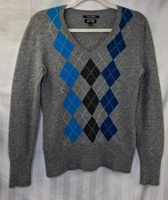100 Cashmere Sweater Women's Apt 9 Gray Blue Argyle Diamond V-Neck Size M Y2K