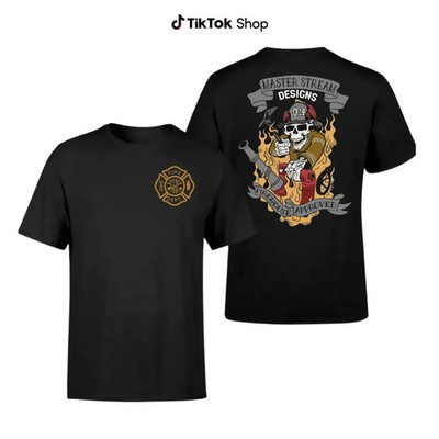 Master Stream Designs Fire Dept Skull T-Shirt, Vintage Streetwear Firefighter