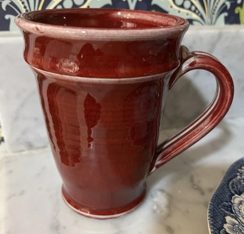 Vintage Handmade Studio Glazed Pottery Mug Maroon Red Signed by Artist