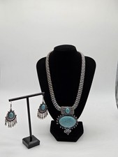 Turquoise Style Statement Necklace  Earings Set Silver Tone Boho...