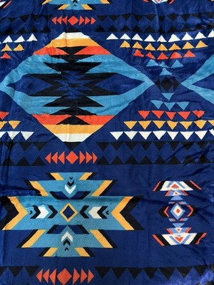 Native American Blanket Style 2 Ply Plush Reversible Size King Navy Blue 102 x86