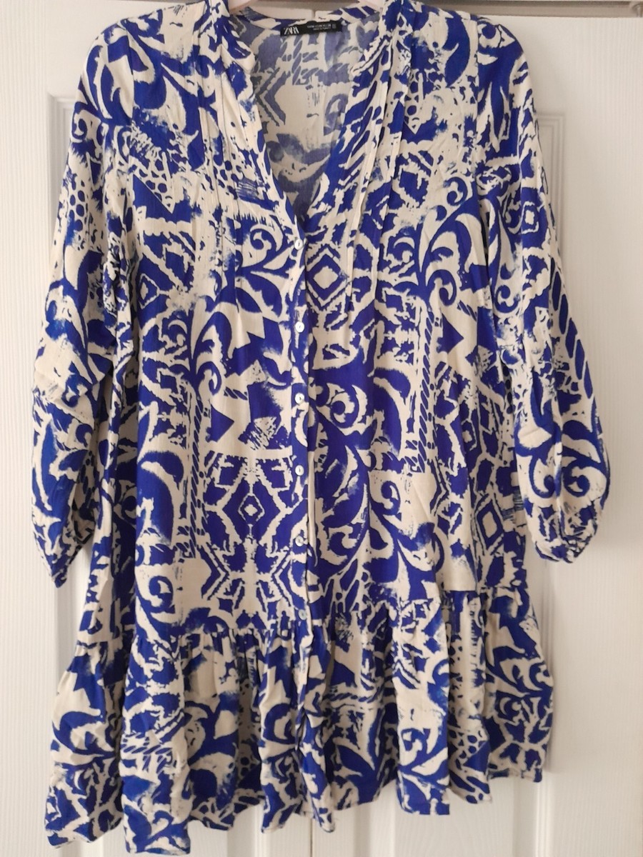 blue smock dress zara 13DE MARZO Smocked Bouquet Sleeve Long DressBlue