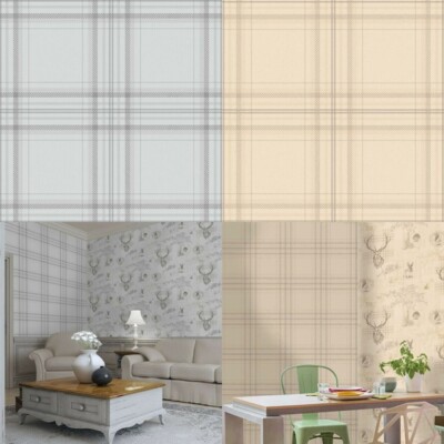 Holden Decor Feature Karo Karo Tartan Grau Beige Leinen Rustikal Chic Tapete