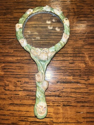 Hand Magnifying Glass Victorian Style Decorated Green w/ Pink Flowers Heavy Atq