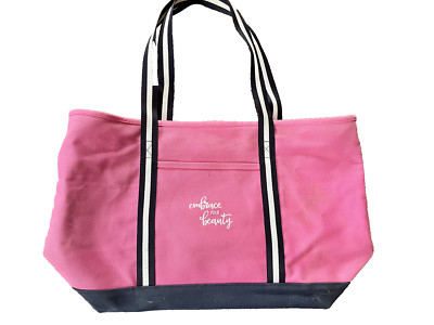 Large Pink Canvas Tote Beach Bag With Zip Top & Navy White Handles   Never Used