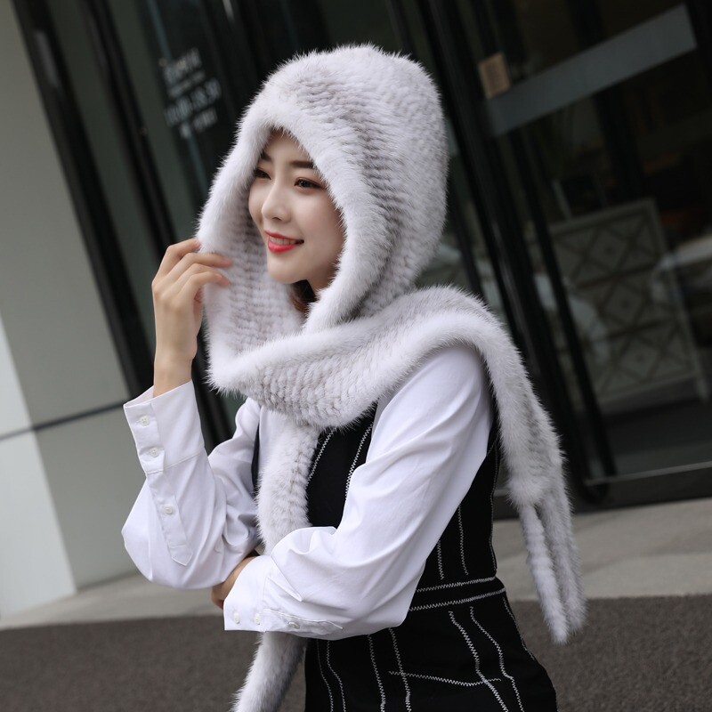 Women Real Mink Fur Hat+Scarf Set Long Cape Wrap Scaves Collar