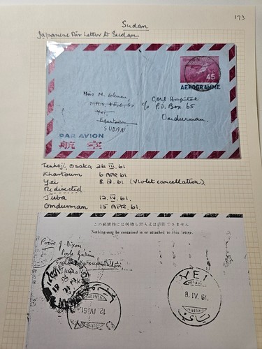 Sudan 1961 Incoming Aerogramme Cover from Japan Redirected Yei Juba Omdurman Cds