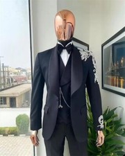 Luxury Appliques Men Suits Wedding Tuxedo Formal Prom Party Office Wear 3 Pieces