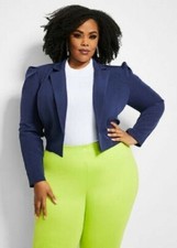 Abrigo Chaqueta Blazer Ashley Stewart Crop Manga Abullonada en Azul MÁS Talla 12-26 NUEVO