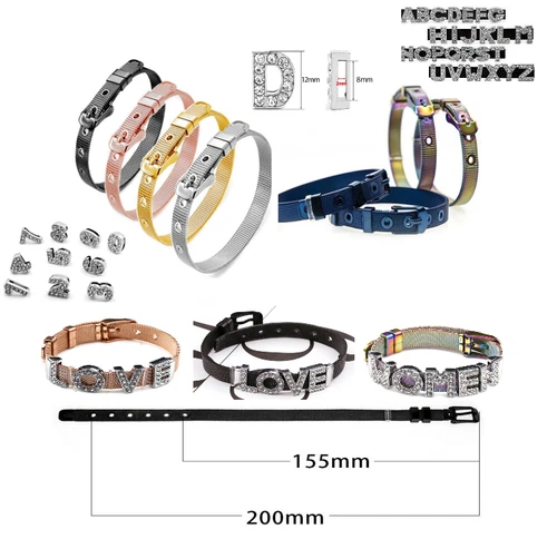 Custom Design Your Own Rhinestone Name Stainless Steel Bracelet, 8mm Slide Charm